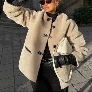 Mango Viral Faux Fur Sherpa Toggle Coat